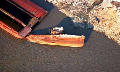 Aerial photo of Tugboat Shipwreck, MO Aerial photo of Tugboat Shipwreck, Mississippi River, Missouri, MO United States