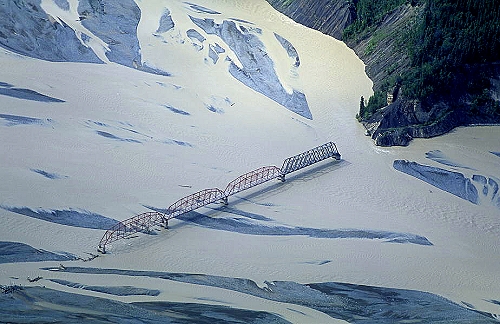Aerial photo of Bridge to Nowhere, AK Aerial photo of Bridge to Nowhere, Nizina River - near McCarthy, Alaska, AK United States